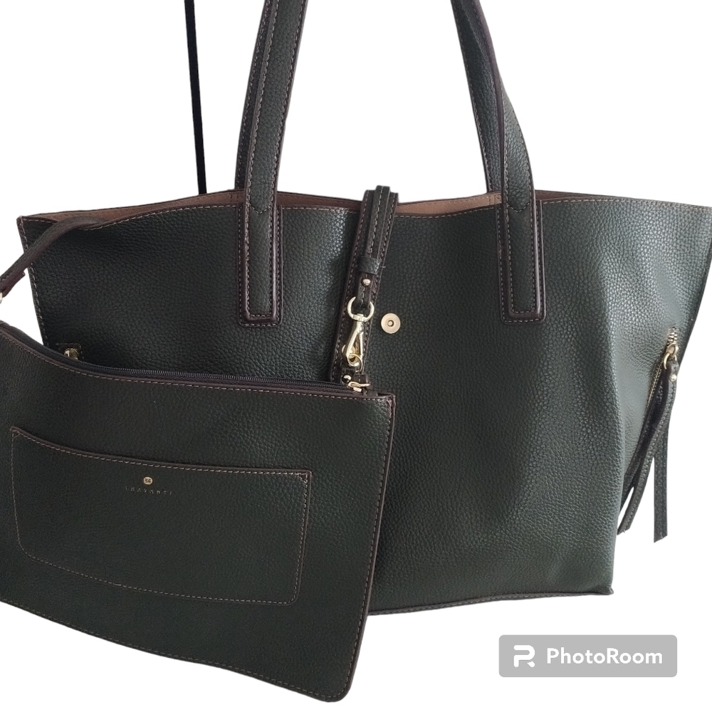 Travanti Pebble Faux Leather Olive Green Tote large with Pouch